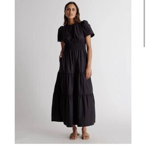 Quince Black Organic Cotton Tiered Maxi Dress sz L Womens Pockets Poplin Fabric